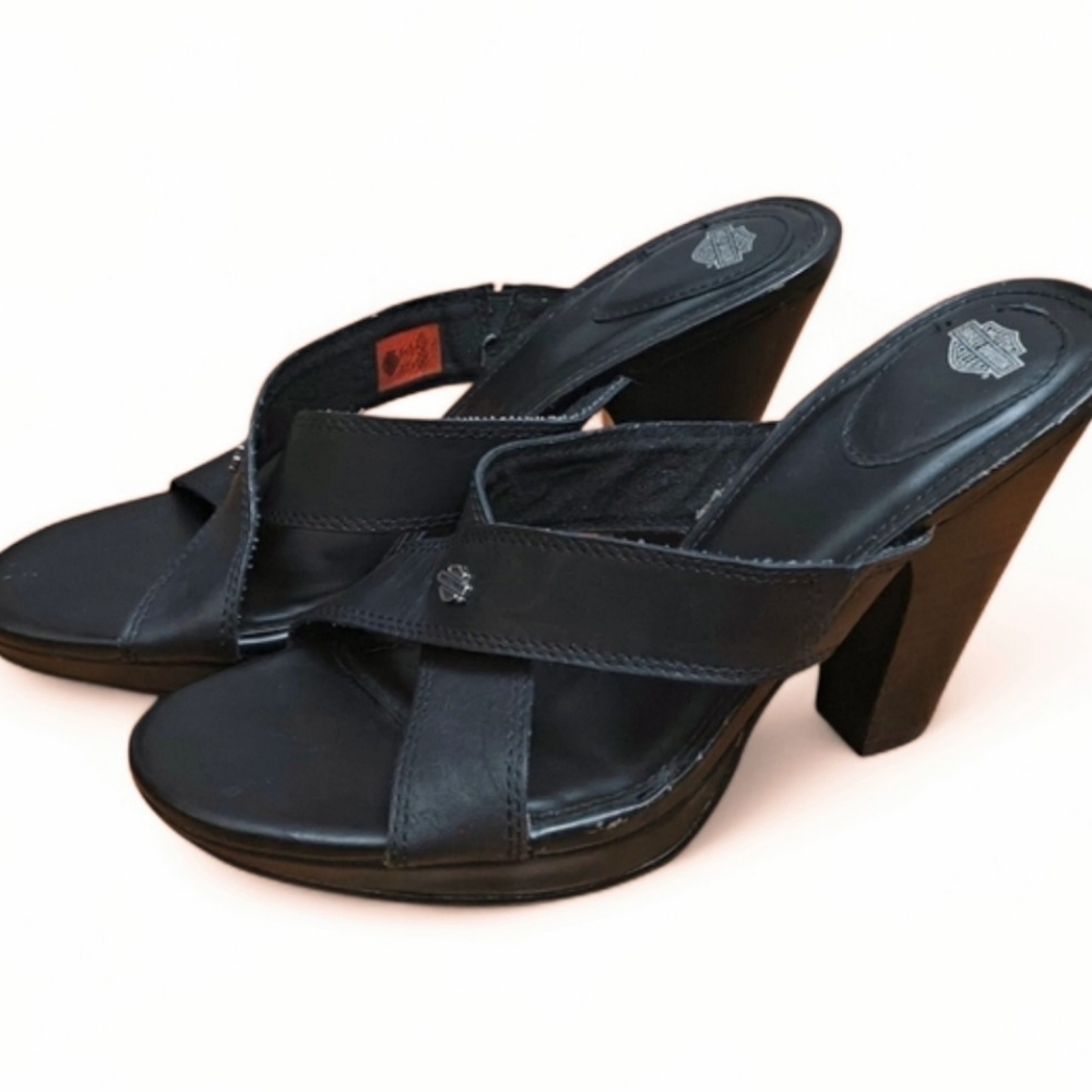 Harley Davidson Black Leather Strappy 4" Heels Size 9.5 Open Toe Moto Sandals
